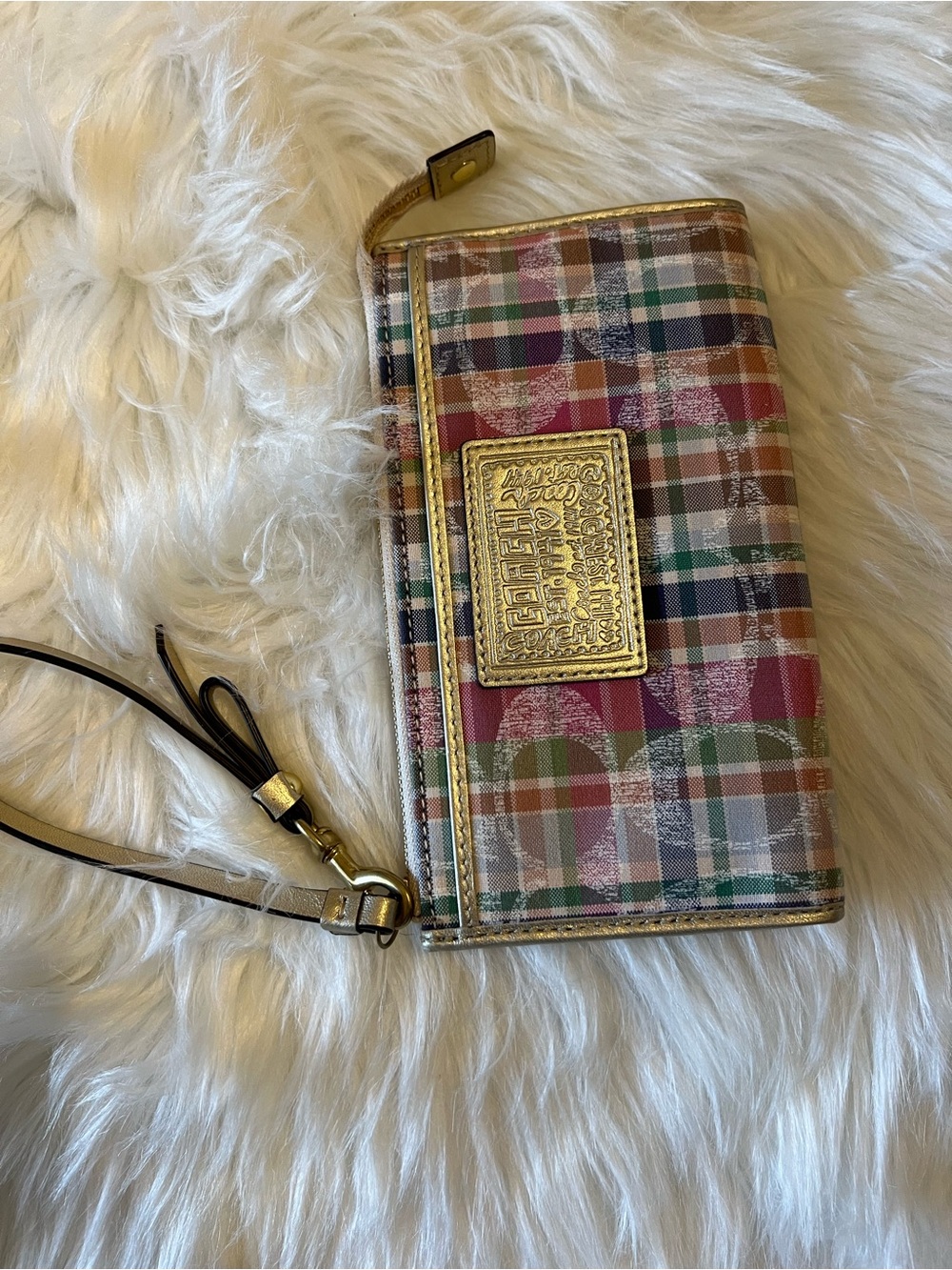 Coach Multicolor Plaid Wristlet with Gold Plaque